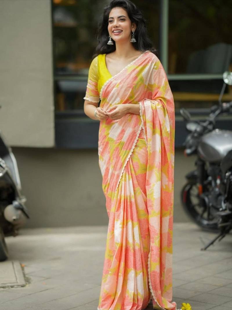 Peach linen floral print printed saree