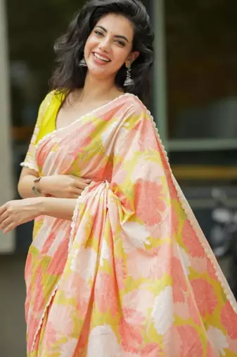 Peach linen floral print printed saree