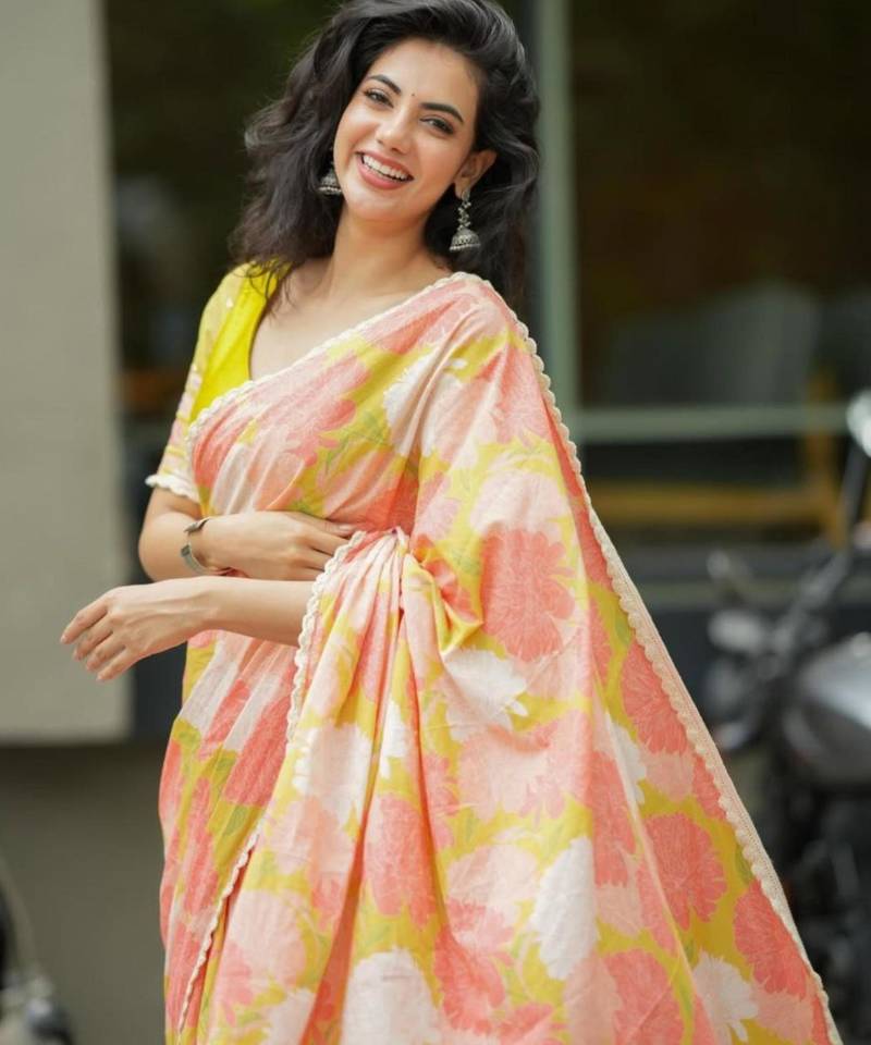 Peach linen floral print printed saree
