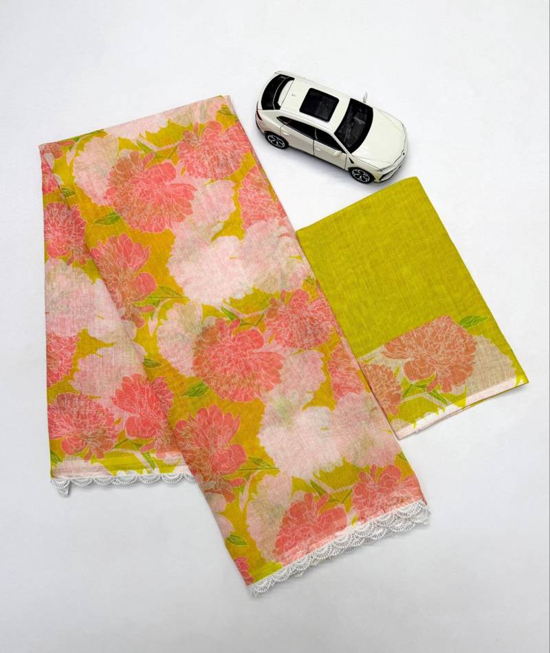 Peach linen floral print printed saree