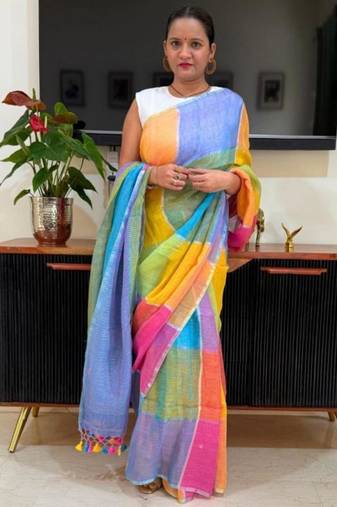 Multicolor linen block print printed saree