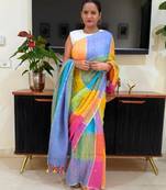 Multicolor linen block print printed saree