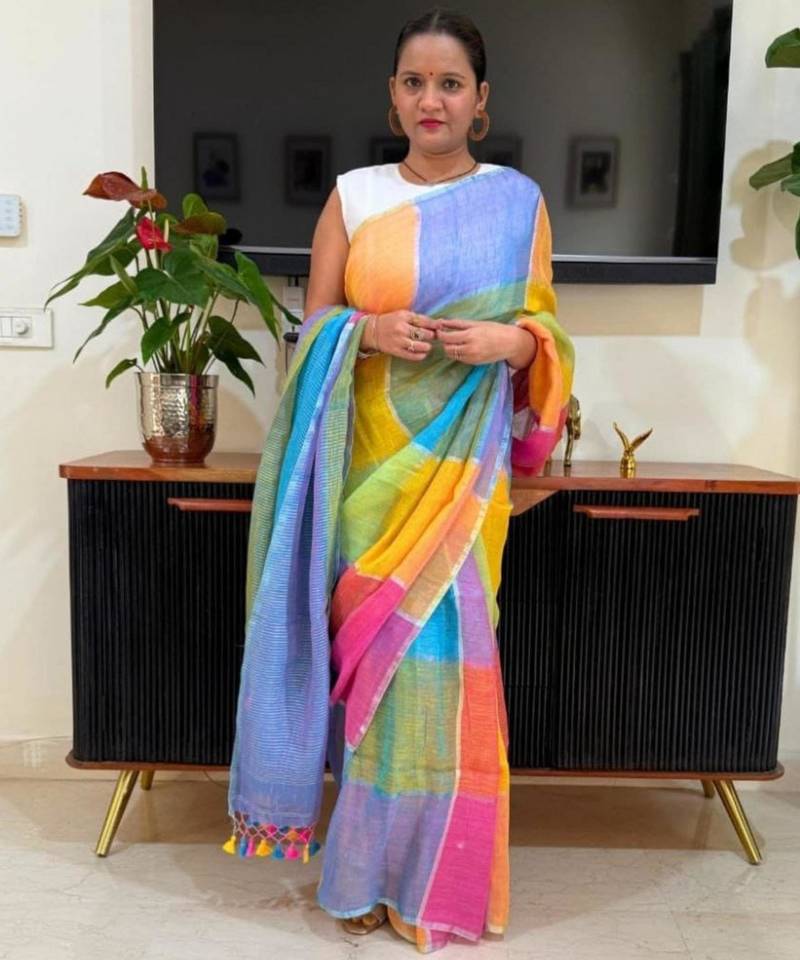 Multicolor linen block print printed saree