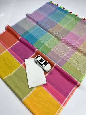 Multicolor linen block print printed saree 3
