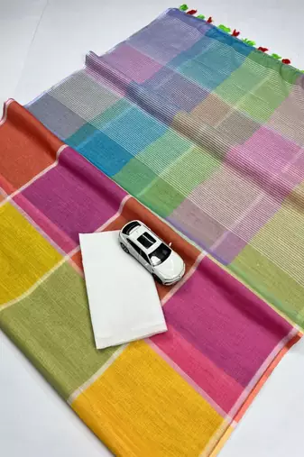 Multicolor linen block print printed saree