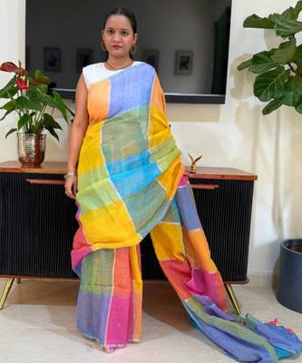 Multicolor linen block print printed saree 4