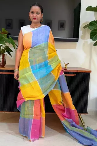 Multicolor linen block print printed saree