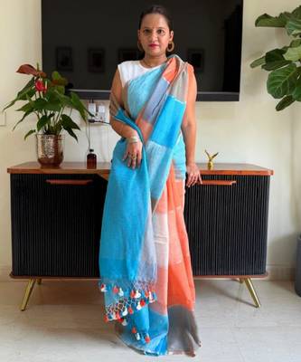 Multicolor linen stripes print printed saree 1
