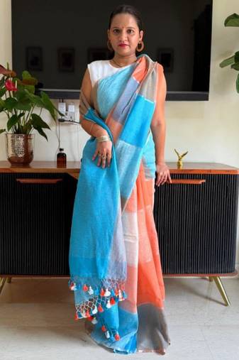 Multicolor linen stripes print printed saree