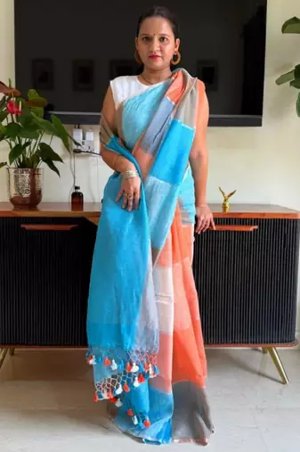 Multicolor linen stripes print printed saree