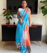 Multicolor linen stripes print printed saree