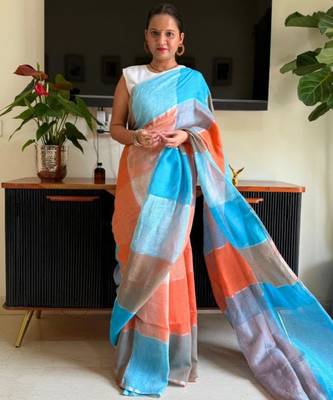 Multicolor linen stripes print printed saree 2