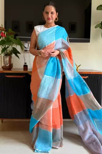 Multicolor linen stripes print printed saree