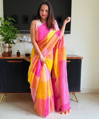 Multicolor linen stripes print printed saree 1