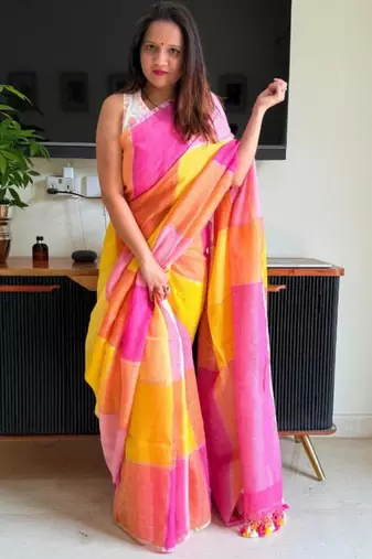 Multicolor linen stripes print printed saree