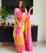 Multicolor linen stripes print printed saree