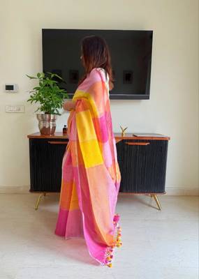 Multicolor linen stripes print printed saree 2
