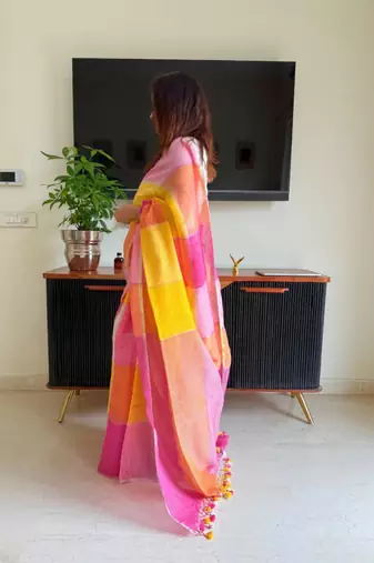 Multicolor linen stripes print printed saree