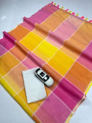 Multicolor linen stripes print printed saree 4