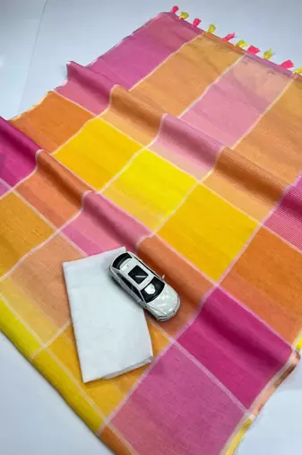 Multicolor linen stripes print printed saree