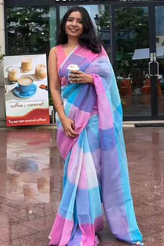 Multicolor linen block print printed saree