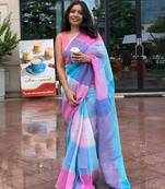 Multicolor linen block print printed saree