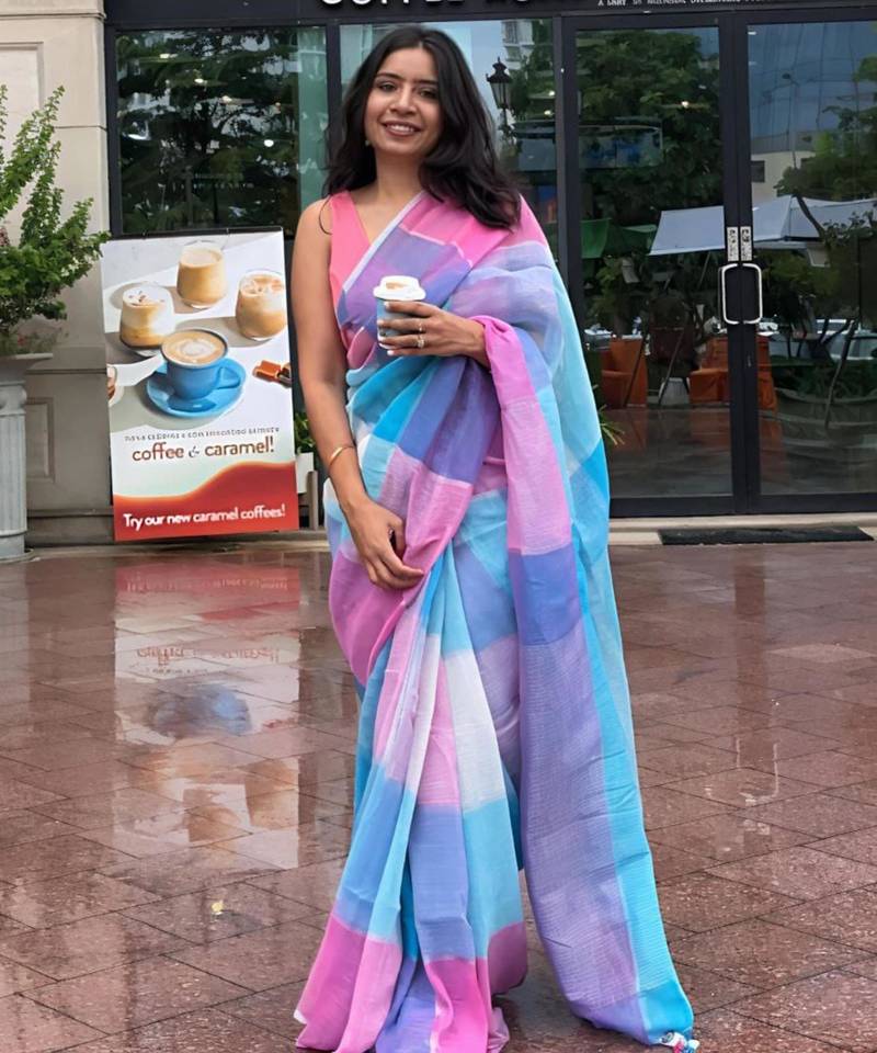 Multicolor linen block print printed saree