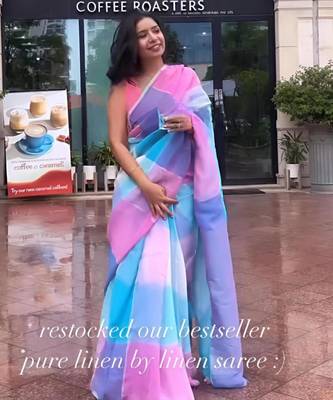 Multicolor linen block print printed saree 4