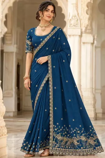 Royal blue silk blend zari work embroidered saree