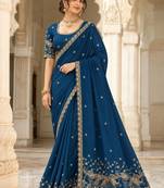 Royal blue silk blend zari work embroidered saree