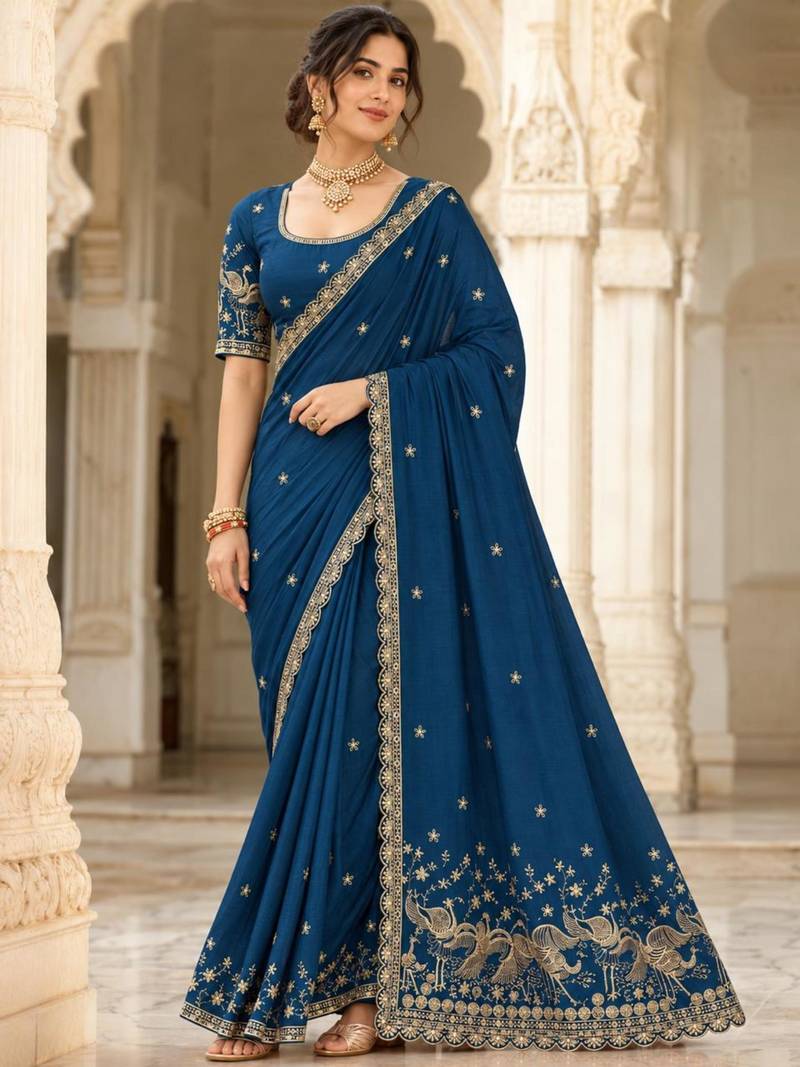 Royal blue silk blend zari work embroidered saree