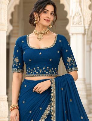 Royal blue silk blend zari work embroidered saree 2