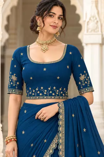 Royal blue silk blend zari work embroidered saree