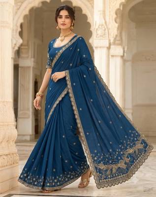 Royal blue silk blend zari work embroidered saree 3