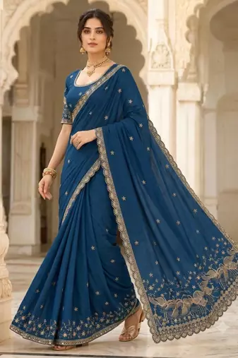 Royal blue silk blend zari work embroidered saree