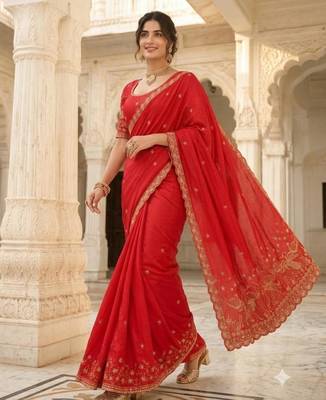 Red silk blend zari work embroidered saree 1