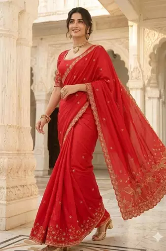 Red silk blend zari work embroidered saree