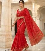 Red silk blend zari work embroidered saree