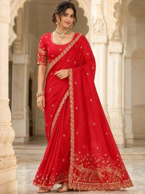 Red silk blend zari work embroidered saree 2