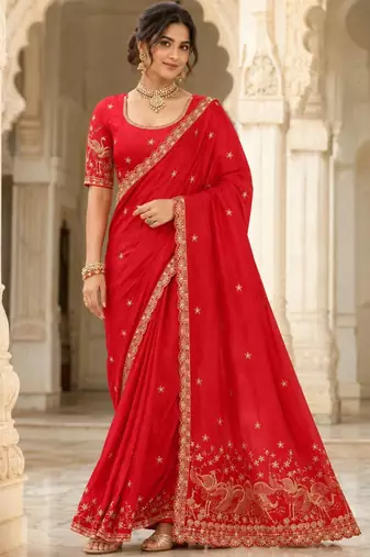 Red silk blend zari work embroidered saree