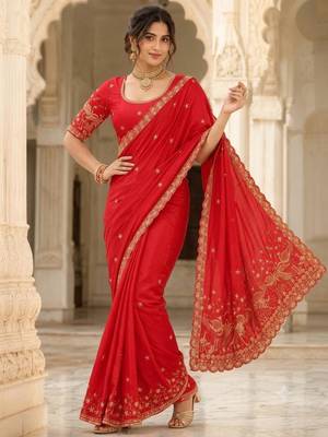 Red silk blend zari work embroidered saree 3