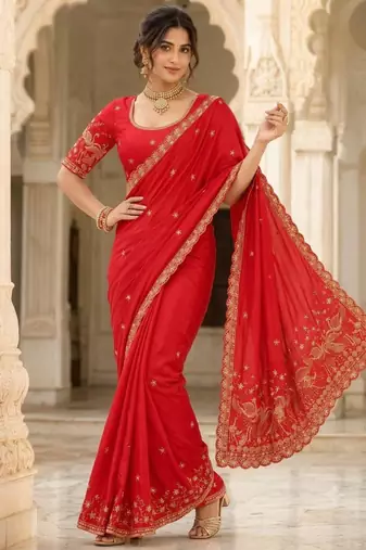 Red silk blend zari work embroidered saree