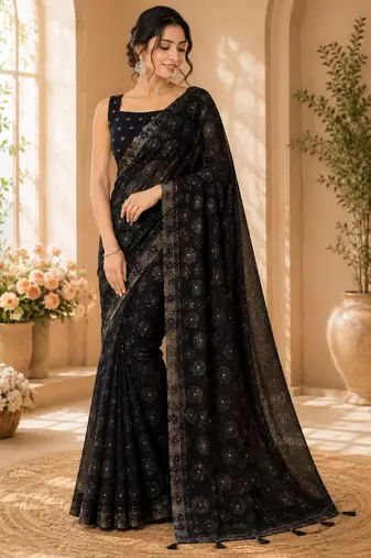 Black georgette floral print printed saree