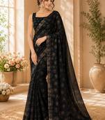 Black georgette floral print printed saree