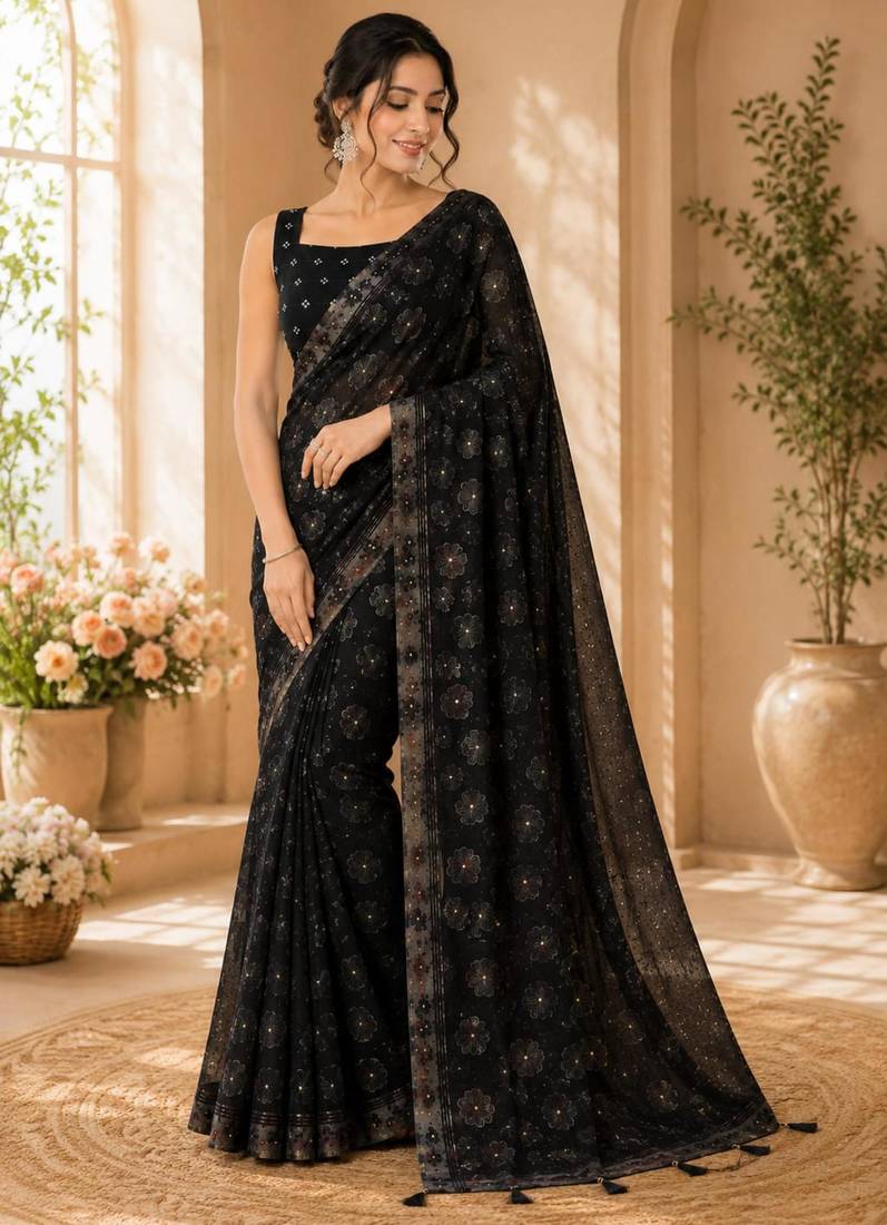 Black georgette floral print printed saree