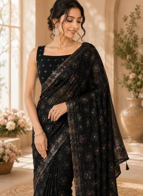 Black georgette floral print printed saree 3
