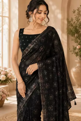 Black georgette floral print printed saree