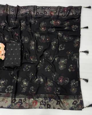 Black georgette floral print printed saree 4