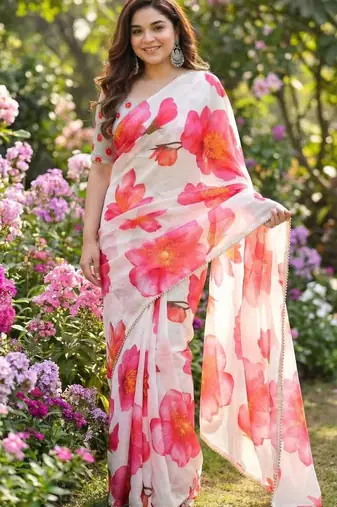 White georgette floral print printed saree