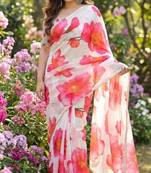White georgette floral print printed saree